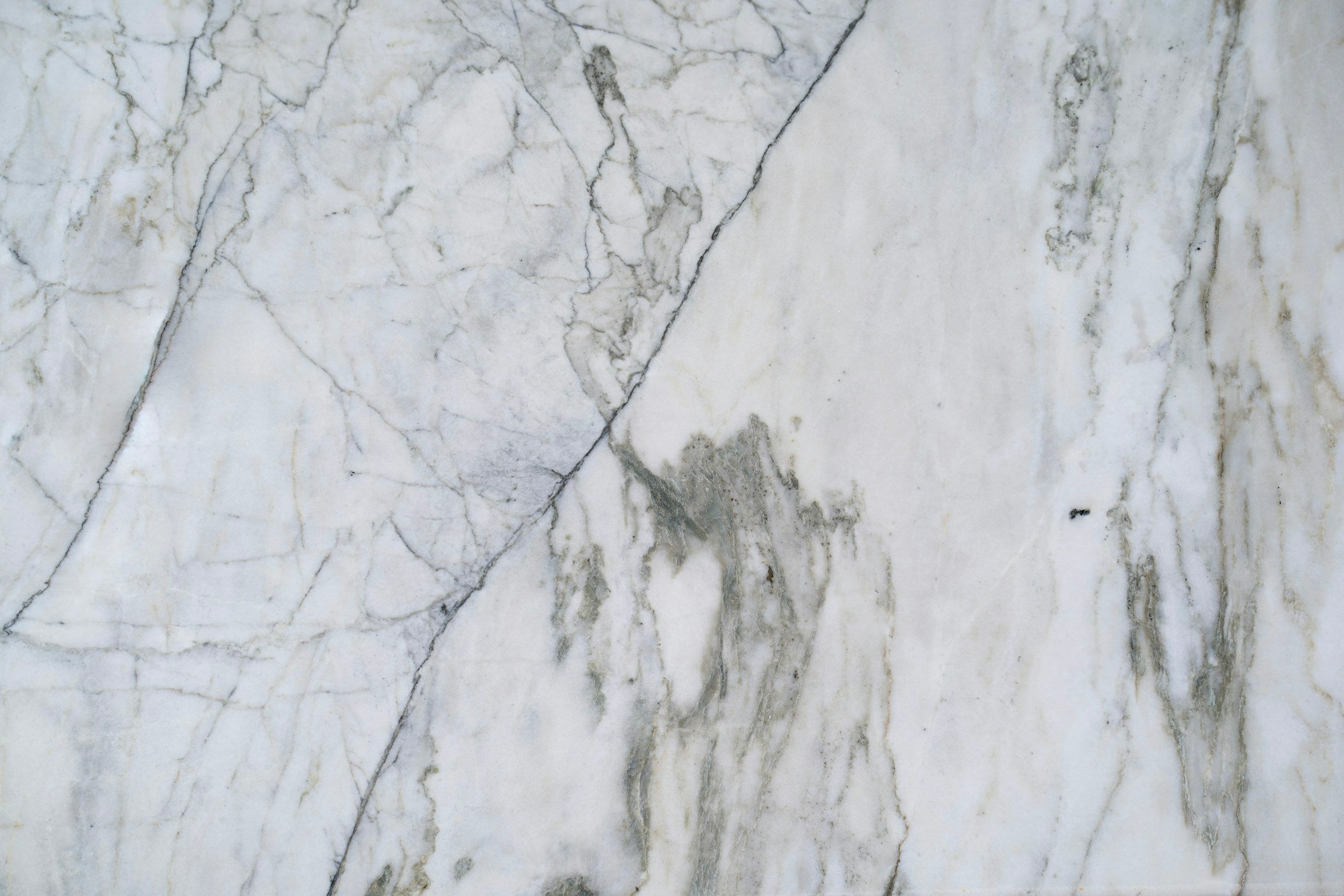 Close-up of white marble surface with prominent dark grey veining